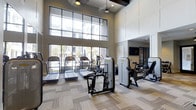 This fitness center is designed to deliver a premium workout experience within a bright, spacious, and thoughtfully appointed environment. The space is defined by its dramatic double-height ceilings, which lend an open and airy atmosphere throughout. Expansive floor-to-ceiling windows along the main wall flood the interior with abundant natural light and offer views of the surrounding outdoor area, including lush greenery and neighboring architecture — creating an energizing backdrop for exercise.

The flooring features a neutral, patterned carpet tile that provides both comfort underfoot and a clean, contemporary aesthetic. A curated selection of cardio equipment lines the window wall, including multiple treadmills and elliptical machines, all positioned to take advantage of the natural light and outdoor views. Complementing the cardio area, a range of strength and resistance training machines are arranged throughout the space, supporting a full-body workout routine.

Large wall-mounted mirrors on one side visually expand the room and assist with form and technique during training. Overhead, pendant lighting and ceiling fans ensure comfort and visibility at all times of day. A wall-mounted flat-screen television adds an entertainment option for members during their workouts. The overall design strikes a balance between functionality and modern sophistication.