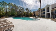 Located at 1500 San Marco Dr in Ormond Beach, Florida, this two-floor residential community offers a well-appointed outdoor amenity area that serves as a central gathering space for residents. The standout feature is a generously sized, freeform swimming pool with crystal-clear turquoise water, complemented by a separate spa. The expansive pool deck is finished in a smooth light-colored concrete surface, providing ample space for lounging and outdoor recreation. Numerous adjustable sun loungers are arranged along the deck, offering comfortable seating for sunbathing and relaxation. Outdoor seating areas with tables and chairs are also positioned around the perimeter for casual dining and socializing. The pool area is enclosed by a wrought-iron safety fence, ensuring a secure environment. Towering palm trees and a dense backdrop of mature pine trees create a lush, resort-like atmosphere that provides natural shade and privacy. The multi-story residential building features covered balconies overlooking the pool area, offering residents convenient views of the outdoor amenities. A covered clubhouse structure with a tile roof sits adjacent to the pool, providing a shaded retreat. The combination of Florida's natural landscape, thoughtful amenity design, and the community's two-story architecture creates a vibrant and relaxing outdoor environment.
