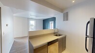 Located at 30 E Roosevelt Road in Chicago's vibrant South Loop neighborhood, this single-floor unit offers a well-designed layout with a clean, modern aesthetic. The kitchen is efficiently arranged with tile flooring, dark wood-tone cabinetry extending to the ceiling, stainless steel appliances including a gas range, microwave, and refrigerator, and a peninsula with a light-toned countertop that opens to the living area. A stainless steel undermount sink with a pull-down faucet anchors the prep area, and a dishwasher is integrated beneath the counter. Track lighting illuminates both the kitchen and the adjacent living space. The living area features warm hardwood-style flooring and is distinguished by a bold teal accent wall, adding a striking contrast to the otherwise neutral palette. Two windows in this room frame urban views of the Chicago skyline and surrounding cityscape, allowing natural light to fill the space throughout the day. The bathroom is finished with large-format tile on both the floor and tub surround, a white vanity with a rectangular undermount sink, gold-toned fixtures, and a full-size mirror. A spacious closet with bifold doors provides ample storage. Overall, the unit presents a functional and contemporary living environment in a prime Chicago location.