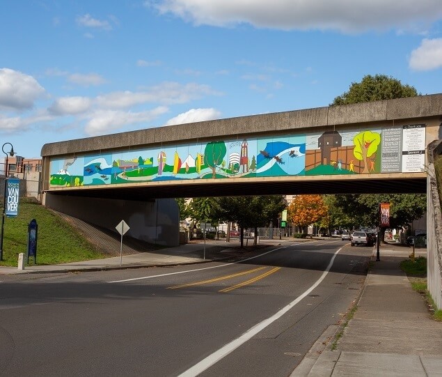 You’ll find murals everywhere in Downtown Vancouver, including this one at the Columbia Street overpass