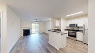 Located at 1500 Eagle Ridge Drive in Monroeville, PA, this one-bedroom, one-bathroom residence offers a well-designed single-floor layout. The open-concept kitchen and living room serve as the heart of the home, featuring wood-look flooring, a peninsula with dark countertops, white cabinetry, and a full suite of stainless steel appliances including a range, microwave, and refrigerator. The living area is anchored by a classic fireplace with a white mantel and is outfitted with a ceiling fan, creating a comfortable atmosphere. Sliding glass doors open to a private patio, filling the space with natural light and providing outdoor access. The spacious primary bedroom is finished with plush carpeting and connects conveniently to the hallway. The full bathroom includes a tub/shower combination, wood-look tile flooring, and a white vanity. An in-unit laundry area adds everyday convenience, while four closets throughout provide generous storage. A dedicated hallway entry completes the thoughtful layout, making this residence both functional and inviting.