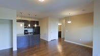 This single-floor space is designed with an open-concept layout that creates a seamless connection between the kitchen and living areas. Rich hardwood flooring runs throughout, adding warmth and visual continuity across the space.

The kitchen is outfitted with dark espresso cabinetry that extends to the upper walls, providing ample storage. Black appliances, including a refrigerator and range, complement the cabinetry, while a white subway tile backsplash introduces a clean contrast. A dark-toned breakfast bar serves as both a functional workspace and a casual dining area. Three pendant lights hang above the kitchen zone, offering focused task lighting with a modern aesthetic.

The open living area is generously proportioned, illuminated by an additional pendant light and benefiting from the overall brightness of the neutral beige walls. The space flows naturally toward a doorway that leads to what appears to be a bedroom with an en-suite or walk-in closet visible beyond. A second white-paneled door provides access to an additional room or closet. The overall ambiance is clean, modern, and functional, with consistent finishes tying the entire space together cohesively.