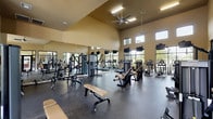 This fitness center is housed in a generously sized, single-floor space defined by soaring vaulted ceilings and warm sandy-toned walls that create an open, energizing atmosphere. Large floor-to-ceiling windows with sleek black framing line the perimeter, flooding the interior with natural light and offering outdoor views of the surrounding landscaped grounds. Clerestory windows positioned high along the upper walls further enhance the brightness throughout the day. Ceiling fans are suspended from the elevated ceiling, promoting airflow and comfort during workouts.

The durable dark rubber flooring spans the entire space, providing both safety and functionality underfoot. The cardio zone features a full row of treadmills, each equipped with individual TV monitors, alongside elliptical machines and additional aerobic equipment. The strength training area is comprehensively outfitted with a variety of cable machines, multi-function weight stations, adjustable benches, and free weights including a well-organized dumbbell rack with kettlebells. Floor-to-ceiling mirrors on one wall enhance the sense of space while allowing users to monitor their form. The combination of natural light, high ceilings, and thoughtfully arranged equipment makes this fitness center a well-rounded and inviting facility.