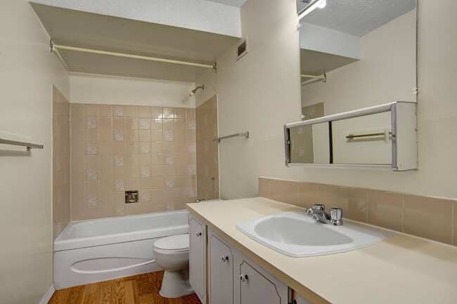 A bathroom with shower, tub, and a mirror above the sink - Edgemont Heights