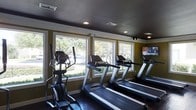This fitness room offers a focused and functional workout environment designed for cardio training. The space is outfitted with multiple treadmills and an elliptical machine, all positioned to face a row of large windows that frame views of mature trees and greenery outside, providing an energizing backdrop during exercise sessions. A wall-mounted television is also available, adding entertainment options for users. The dark ceiling, accented by recessed lighting, creates a contrast against the olive-green walls, giving the room a distinct and modern aesthetic. Crown molding adds a subtle architectural detail that elevates the overall finish of the space. The dark flooring complements the equipment and color palette cohesively. Natural light filters generously through the wide windows, reducing the need for artificial lighting during daytime use. Ventilation is supported by visible ceiling vents, helping to maintain air circulation throughout workouts. The layout is efficiently organized, allowing users to move comfortably between machines. Overall, the fitness room combines practical equipment with thoughtful design details to create an inviting and well-lit space suited for daily exercise routines.