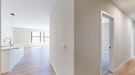 This thoughtfully designed 3-bedroom, 2-bathroom single-story residence combines modern aesthetics with functional living. The open-concept kitchen and living area serves as the heart of the home, featuring a sleek kitchen outfitted with flat-front white cabinetry, a large quartz waterfall island with an undermount sink, stainless steel appliances, a marble-style tile backsplash, and contemporary pendant and recessed lighting. Light hardwood flooring flows throughout the main living areas, adding warmth to the clean, modern palette. The spacious living room is bathed in natural light through large black-framed windows and a sliding glass door that opens to a private balcony with greenery views. A connecting hallway leads to the three bedrooms, each carpeted for comfort and fitted with black-framed windows that frame outdoor tree-lined views. The primary bedroom offers a generous footprint with ample space. Both bathrooms are finished in a clean, minimalist style; one features a glass-enclosed walk-in shower, a white vanity with black hardware accents, and wood-look tile flooring. Neutral warm-gray walls throughout create a cohesive, move-in-ready ambiance suited for modern living.
