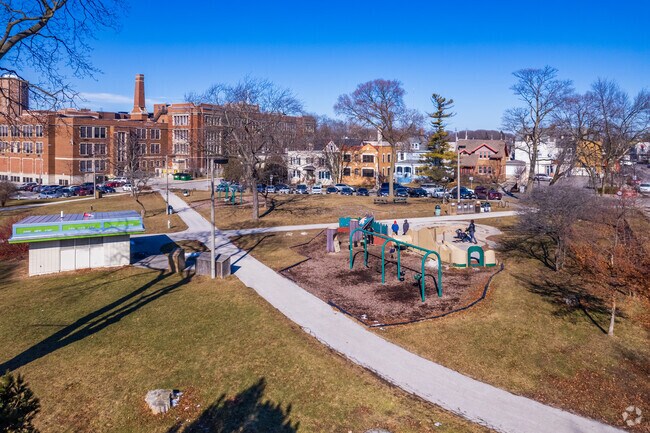 Riverside Park has sports courts and a playground.