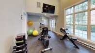This fitness center is a thoughtfully designed workout facility spread across a single floor, offering a diverse range of equipment to accommodate various exercise routines. The main exercise area is characterized by soaring vaulted ceilings that lend an open, airy feel to the space. Large multi-pane windows along one wall flood the room with natural light and provide pleasant views of the surrounding greenery, creating an inviting atmosphere for exercise.

The cardio section is well-appointed with a BodyCraft rowing machine, a recumbent bike, and elliptical trainers by Cybex, among other machines. A wall-mounted flat-screen television is positioned at an ideal viewing height above the cardio area, allowing users to stay entertained during their workouts. Floor-to-ceiling mirrors in the cardio zone enhance the sense of space and assist with form checks.

A dedicated strength training room houses a multi-station cable machine, providing a variety of resistance exercises for a full-body workout. Stability and exercise balls of various sizes are neatly racked along the wall, offering options for core and flexibility training. The facility features durable dark flooring throughout, well-suited for high-traffic use. French doors provide easy access, completing this functional and well-lit fitness environment.