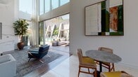 Located at 6711 Sepulveda Blvd in Los Angeles, this stylish single-floor lounge showcases a thoughtfully designed interior that blends contemporary aesthetics with refined comfort. The open-plan layout is anchored by soaring double-height ceilings and large floor-to-ceiling glass walls that flood the space with natural light and open directly to an outdoor terrace and pool area, creating a seamless indoor-outdoor living experience.

The main lounge area features a curated seating arrangement with mid-century modern accent chairs set atop a textured area rug, complemented by a striking marble-clad feature wall housing a large flat-screen television. Wide-format wood-look flooring and large-format porcelain tile throughout unify the space with warmth and sophistication.

A fully equipped kitchen showcases warm walnut cabinetry paired with a bold herringbone marble tile backsplash, stone countertops, and stainless steel appliances, offering both functionality and elegance. A dedicated lounge nook features a built-in upholstered banquette with a patterned fabric detail, marble bistro tables, and an antique mirror tile accent wall, lending an intimate and stylish atmosphere.

Throughout the space, contemporary artwork, lush indoor plants, and carefully chosen furnishings contribute to an inviting and polished ambiance, making this lounge an exceptional setting for both relaxation and social gatherings.