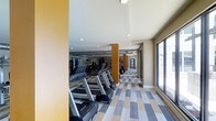 This fitness center offers a spacious, well-appointed workout environment designed to accommodate a range of exercise needs. The room is anchored by a row of treadmills and cardio machines aligned along one side, providing ample equipment for cardiovascular training. Full-length mirrored walls extend the visual depth of the space, creating an open and expansive feel while allowing users to monitor their form during workouts. Structural columns finished in a warm tan tone punctuate the room at regular intervals, contributing to the overall architectural character. The flooring features a distinctive patterned carpet tile in a combination of gray, blue, and tan tones, adding a modern, dynamic quality underfoot. Recessed lighting is evenly distributed across the ceiling, ensuring consistent illumination throughout the space. Large windows along one wall invite natural light and offer views to the exterior, enhancing the overall ambiance. Toward the rear of the room, additional equipment is visible, suggesting a comprehensive selection of fitness options. The corridor visible beyond hints at further amenities nearby, making this fitness center part of a larger, well-considered facility.