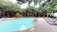 This outdoor amenity space is centered around a generously sized freeform swimming pool with clear turquoise water, designed to evoke a resort-like atmosphere. The pool's curved shape adds a natural, organic feel to the space, and a separate hot tub or spa is positioned nearby, surrounded by natural stone accents that blend seamlessly into the landscape.

The entire area is enveloped by a canopy of mature oak and palm trees, providing ample shade and a lush, green ambiance throughout. Natural rock formations and river stone landscaping beds are thoughtfully integrated around the pool's perimeter, creating a visually dynamic and cohesive outdoor environment. Colorful flowering plants add seasonal pops of color to the stone garden beds.

The expansive brick-paved patio surrounds the pool and accommodates a variety of seating options, including cushioned lounge chairs positioned poolside for sunbathing, as well as a large wrought iron dining table with multiple chairs, ideal for outdoor gatherings. Overhead lamppost lighting suggests the space is functional during evening hours as well.

The multi-story building in the background frames the courtyard, creating an intimate, enclosed feel. Overall, the space strikes a balance between natural beauty and functional outdoor amenities, offering a comfortable and visually appealing retreat.