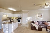 Located at 10720 Linkwood Ct in Baton Rouge, LA, this well-designed one-bedroom, one-bathroom residence offers a thoughtful layout across a single floor. The open-concept kitchen and living area forms the heart of the home, with the kitchen featuring white cabinetry, granite-style countertops, a curved breakfast bar island, tile flooring, and a full suite of appliances including a refrigerator, electric range, and built-in microwave. A dedicated pantry provides additional storage. The living room flows naturally from the kitchen, showcasing plush carpet, crown molding, a ceiling fan, and multiple windows that allow abundant natural light to pour in. A separate dining area adds further functionality. The primary bedroom is generously sized, complete with a ceiling fan, soft carpet, natural light from a window, and a walk-in closet. The full bathroom features wood-look flooring, a white vanity with storage, and a shower-tub combination. Practical amenities include an in-unit laundry area and a private patio, ideal for outdoor relaxation. Two closets throughout the unit offer ample storage. The warm, neutral color palette and cohesive finishes create a comfortable and inviting ambiance throughout the entire residence.