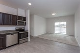 This single-floor residence offers a well-designed, open-concept layout that seamlessly connects the living and kitchen areas. The kitchen is a standout feature, outfitted with dark espresso cabinetry, granite countertops, and a full suite of stainless steel appliances including a refrigerator, electric range, microwave, and dishwasher. Light-toned luxury vinyl plank flooring runs throughout the kitchen and living area, creating a clean, contemporary aesthetic.

The living space is generously proportioned, with recessed lighting and a sliding glass door that opens to a private balcony, allowing natural light to fill the room. Bedrooms are carpeted for comfort and feature large windows that invite additional natural light, offering views of the surrounding neighborhood. Each bedroom is well-sized with neutral walls and ample room for furnishings.

A spacious walk-in closet provides extensive storage with wire shelving and hanging rods running the full perimeter of the room. The bathroom is finished with light tile flooring, a soaking tub with a tiled surround, a vanity with dark cabinetry, and clean white walls that contribute to a bright, airy feel. Throughout the residence, the consistent use of neutral tones and modern finishes creates a cohesive and move-in-ready living environment.