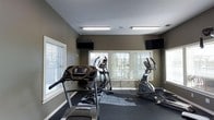 This dedicated fitness room offers a practical and well-appointed space for cardiovascular exercise. The room is outfitted with multiple cardio machines, including a treadmill and two elliptical trainers, all positioned to take advantage of the natural light streaming in through several large windows dressed with horizontal blinds. The windows also provide views of the surrounding outdoor greenery, creating a pleasant backdrop during workouts. Two wall-mounted flat-screen televisions are strategically placed at opposite ends of the room, ensuring visibility from any machine. The flooring consists of a dark rubberized surface, which is both durable and practical for a high-traffic fitness environment. Overhead fluorescent lighting supplements the natural light, keeping the space bright and functional at any time of day. The walls are finished in a muted olive-grey tone, contributing to a focused and energizing atmosphere. The layout is thoughtfully organized to maximize usable floor space while keeping equipment accessible. Overall, this fitness room provides a clean, comfortable, and functional environment well-suited for daily cardio training.