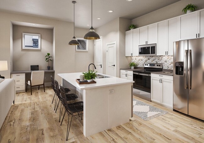 Kitchen and Desk Area, 1 Bedroom Floorplan - Solstice Marana