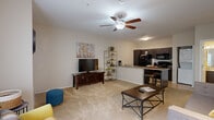 This thoughtfully designed one-bedroom, one-bathroom residence offers a functional and comfortable single-floor layout. The open-concept living and kitchen area serves as the heart of the home, featuring warm neutral tones, plush wall-to-wall carpeting in the living zone, and smooth tile flooring in the kitchen. A ceiling fan with light fixture anchors the living room, which receives natural light through a large window fitted with vertical blinds. The kitchen is well-equipped with dark cabinetry, granite-style countertops, a full suite of black appliances including a refrigerator, electric range, microwave, and dishwasher, along with a double sink and a convenient breakfast bar for casual dining. The bedroom is a serene retreat finished with soft carpeting, a ceiling fan, and a sliding glass door that brings in additional natural light. It connects directly to a generous walk-in closet outfitted with built-in shelving and dual hanging rods, providing ample storage. The bathroom features a full tub and shower combination. The entry foyer transitions seamlessly between tile and carpet, reinforcing the clean, cohesive aesthetic that runs throughout this well-organized and inviting residence.