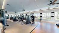 Located in Orlando, FL, this well-appointed fitness center offers a generously sized, single-floor exercise space designed to support a full range of workout routines. The room features a thoughtfully organized layout, with dedicated zones for cardio and strength training separated by durable rubberized flooring mats that contrast with the warm hardwood-style floors throughout.

The cardio section is equipped with multiple treadmills and elliptical machines, each outfitted with individual display screens for entertainment during workouts. The strength training area includes a comprehensive selection of Matrix cable machines, adjustable benches, and free weight racks. Large wall-mounted mirrors extend across multiple walls, enhancing the sense of space and allowing users to monitor their form.

A row of generously sized windows lines the exterior wall, flooding the space with natural light and offering views of the lush outdoor greenery. The crisp white walls are accented with bold navy-blue geometric panels flanking the windows, adding a modern, stylish touch to the interior. Recessed lighting and multiple ceiling fans with pendant lights ensure the space remains well-lit and comfortably ventilated. A flat-screen television is mounted on one wall for added convenience. Double glass doors lead to an adjacent amenity area, completing this comprehensive and polished fitness facility.