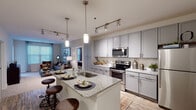 Located at 401 E Stone Ave in Greenville, SC, this well-appointed single-floor residence combines modern design with functional living. The open-concept layout seamlessly connects the kitchen and living area, creating a natural flow ideal for both everyday living and entertaining. The kitchen is a standout feature, outfitted with gray shaker-style cabinetry, granite countertops, a classic subway tile backsplash, and a full suite of stainless steel appliances. A central island with seating provides additional prep space and casual dining. Pendant and track lighting add a contemporary touch overhead, while wood-look flooring grounds the space warmly. The living area is bright and inviting, featuring large windows with blinds that allow generous natural light. The bedrooms are comfortably carpeted and well-sized, each with ample window coverage and soft, neutral tones. The primary bedroom includes a walk-in closet with built-in shelving. The bathroom is finished with white subway tile surrounding a soaking tub and shower combination, light tile flooring, and granite-topped vanity. Throughout the residence, a cohesive neutral palette and quality finishes create a polished, contemporary ambiance suited to modern living in downtown Greenville.