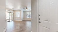 This single-floor residence offers a thoughtfully designed layout with a consistent neutral color palette and a blend of wood-look flooring and plush carpet throughout. The entry opens into a spacious living area featuring crown molding, a ceiling fan, and multiple windows fitted with horizontal blinds that allow generous natural light to fill the room.

The kitchen is a standout feature, available in two distinct configurations. One version presents a U-shaped layout with two-toned cabinetry — white upper cabinets paired with gray lower cabinets — complemented by a white subway tile backsplash, light quartz countertops, and a full suite of stainless steel appliances. An alternate kitchen configuration showcases an island with an integrated sink, all-white cabinetry, matching subway tile, and stainless steel appliances, offering excellent functionality and a clean, modern aesthetic.

Bedrooms are carpeted for comfort and include ceiling fans and ample closet space, with at least one room featuring a walk-in closet equipped with built-in shelving and hanging rods. The bathroom is well-appointed with gray shaker-style vanity cabinetry, a white quartz countertop, a large mirror, and wood-look flooring that extends into the hallway. The overall ambiance is clean, bright, and move-in ready.