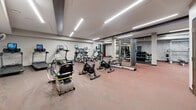 Located at 120 Summit St in Duluth, Minnesota, this fitness center provides a generously sized, single-floor workout facility designed to accommodate a full range of exercise needs. The main floor features an open, airy layout illuminated by modern linear LED lighting recessed into a clean white ceiling accented with dark wood beam details, creating a contemporary and energizing atmosphere.

The cardio zone is well-stocked with treadmills, elliptical trainers, stationary bikes, a rowing machine, and additional specialty cardio equipment, offering users a comprehensive selection for aerobic training. A dedicated strength training area features a power rack with a flat bench, selectorized weight machines, resistance cable systems, and a full dumbbell rack, catering to both beginner and advanced lifters.

A separate enclosed room, accessed through a glass-framed partition, provides additional space for stretching, group activity, or focused training. The flooring throughout is a durable patterned carpet in warm earth tones, suited for a high-traffic fitness environment. Large windows in the strength area bring in natural light, while structural columns are thoughtfully integrated into the layout. The overall design balances functionality with a clean, modern aesthetic, making it a practical and inviting space for daily fitness routines.