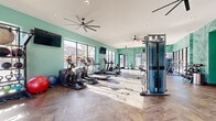 Located at 1000 Treesort View in Gainesville, GA, this single-floor fitness center is a well-appointed facility designed to support a comprehensive workout experience. The space is defined by its vibrant teal-painted walls and an eye-catching botanical mural that adds a lively, nature-inspired aesthetic throughout the room.

The main workout floor is generously sized, finished with herringbone-patterned luxury vinyl flooring that lends a polished, contemporary look underfoot. The high, white ceilings are outfitted with multiple large ceiling fans, ensuring excellent air circulation throughout the space. Recessed lighting complements the abundant natural light that pours in through expansive floor-to-ceiling windows and glass-paneled doors lining multiple walls, offering bright, open views of the surrounding outdoor areas including a pool and courtyard.

The facility is equipped with a full range of cardio machines, including treadmills, ellipticals, and stair climbers, alongside a dedicated strength training zone featuring a cable machine, weight bench, dumbbell rack, and a rowing machine. Wall-mounted televisions are positioned throughout for entertainment during workouts. A dedicated flex or yoga studio area with wide glass doors opening directly to the outdoors provides a versatile, open space. A hydration station with a water fountain and water bottle filler, along with restroom access, rounds out the amenities.