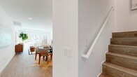 Located in the vibrant Silver Lake neighborhood of Los Angeles, this thoughtfully designed three-story home offers four bedrooms and three bathrooms across a well-organized layout. The main level serves as the social hub of the home, featuring an open-concept kitchen and living area bathed in natural light from large windows overlooking lush street-side greenery. The kitchen is outfitted with sleek white cabinetry, stainless steel appliances, and clean white countertops, flowing seamlessly into a combined dining and living space finished with warm hardwood flooring. The living room features recessed lighting and a tray ceiling detail, lending an airy, elevated feel to the space. Upstairs, the generously sized primary bedroom opens directly onto a private balcony through sliding glass doors, offering pleasant outdoor views and abundant natural light. Additional bedrooms are well-proportioned with ample closet space. All three bathrooms are finished with striking marble-style tile surrounds in the tub-shower combinations, complemented by hardwood floors and modern vanities. Recessed lighting and a clean, neutral palette are consistent throughout, creating a cohesive and contemporary ambiance. The third floor provides additional flexible space, completing this well-appointed Los Angeles home.