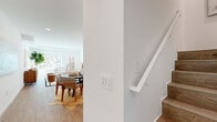 Located in the vibrant Silver Lake neighborhood of Los Angeles, this thoughtfully designed three-story home offers four bedrooms and three bathrooms across a well-organized layout. The main level serves as the social hub of the home, featuring an open-concept kitchen and living area bathed in natural light from large windows overlooking lush street-side greenery. The kitchen is outfitted with sleek white cabinetry, stainless steel appliances, and clean white countertops, flowing seamlessly into a combined dining and living space finished with warm hardwood flooring. The living room features recessed lighting and a tray ceiling detail, lending an airy, elevated feel to the space. Upstairs, the generously sized primary bedroom opens directly onto a private balcony through sliding glass doors, offering pleasant outdoor views and abundant natural light. Additional bedrooms are well-proportioned with ample closet space. All three bathrooms are finished with striking marble-style tile surrounds in the tub-shower combinations, complemented by hardwood floors and modern vanities. Recessed lighting and a clean, neutral palette are consistent throughout, creating a cohesive and contemporary ambiance. The third floor provides additional flexible space, completing this well-appointed Los Angeles home.