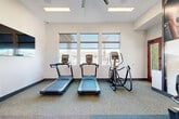 Located at 5801 S 51st Ave in Phoenix, Arizona, this single-floor exercise room offers a fully outfitted fitness facility designed to support a well-rounded workout routine. The space is thoughtfully organized to maximize its footprint, providing a clean and motivating environment for residents or members.

The cardio zone features two treadmills and an elliptical trainer positioned along a wall of large, roller-shade windows that allow natural light to fill the room while offering views of the surrounding exterior. Recessed panel lighting in the ceiling supplements the natural brightness, ensuring a consistently well-lit environment at any time of day.

On the strength and functional training side, the room includes a multi-station cable machine, a dumbbell rack, a workout bench, and a recumbent exercise bike. A bold, large-format fitness-themed mural covers one full wall, adding an energetic visual focal point that enhances the motivational atmosphere. Full-length mirrors are strategically placed to support proper form during exercises.

The flooring consists of dual-toned carpet tiles in blue and grey, providing comfort underfoot. A large ceiling fan dominates the center of the room, promoting air circulation throughout workouts. The clean white walls and modern finishes contribute to a bright, contemporary aesthetic. Two entry/exit points, including a windowed door, add convenience and ventilation options.