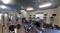 The fitness center on New Hope Rd in Goldsboro, NC, offers a comprehensive workout environment designed to accommodate a variety of exercise routines. The space features a dark, contrasting ceiling complemented by bright fluorescent lighting and multiple ceiling fans, ensuring the room remains well-lit and well-ventilated during workouts. Large windows along one wall allow natural light to filter in through slatted blinds, adding an open, airy quality to the space. The room is outfitted with an array of cardio equipment, including treadmills, stationary recumbent bikes, and elliptical machines, providing options for varied cardiovascular training. A dedicated strength-training area includes a Hoist weight machine and a free weights rack with dumbbells of multiple sizes. Full-length mirrors line one wall, enhancing the sense of space while allowing users to monitor their form. Small monitors are mounted on the walls, offering entertainment during workouts. The flooring consists of durable, dark rubber gym matting suited for high-traffic fitness use. Overall, the space presents a practical, functional fitness environment with quality equipment and thoughtful design.