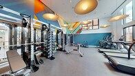 Located at 3275 Washington Blvd in Arlington, VA, this fitness center offers a generously sized, single-floor layout designed to accommodate a full spectrum of workout needs. The space is divided into distinct functional zones, seamlessly connected within an open floor plan finished with durable rubber flooring throughout.

The strength training area is a standout, featuring multiple power racks, extensive dumbbell rack systems with a full range of weights, cable machines, and a variety of benches and functional training attachments. This zone is energized by a bold, geometric mural in vivid shades of orange, teal, yellow, and white that spans the upper walls and ceiling, creating a dynamic and motivating atmosphere. Large pendant lights with wide disc shades hang overhead, contributing to the bright, well-lit environment.

The cardio zone is set apart by soaring double-height ceilings and floor-to-ceiling windows that flood the space with abundant natural light and offer outdoor views of the surrounding greenery. Treadmills, ellipticals, and stationary bikes are arranged to take full advantage of this airy setting.

A quieter secondary area houses Matrix cable machines and selectorized strength equipment beneath smaller windows, providing a more focused training environment. Together, these zones create a comprehensive, visually engaging fitness facility built for serious training.