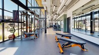The Lower Fitness Center in Lehi, Utah is a thoughtfully designed, single-floor exercise facility offering a generous and open workout environment. Floor-to-ceiling windows along one side of the space flood the interior with abundant natural light while providing views of the surrounding neighborhood, creating an energizing atmosphere for training. The high, exposed-structure ceiling adds an industrial character, complemented by sleek linear lighting that runs the length of the room.

The flooring transitions between rubberized impact-absorbing mats in the strength training zones and smooth hardwood-style flooring in the open functional training areas, catering to a variety of workout styles. The strength training section is anchored by multiple Rogue power racks loaded with barbells and plate weights, along with adjustable benches for pressing and accessory work. A comprehensive dumbbell rack lines one mirrored wall, offering a full range of free weights, and several selectorized cable and resistance machines are positioned toward the interior.

A standout design feature is a large topographic map mural rendered in subtle line art across one accent wall, adding a distinctive, location-inspired aesthetic to the space. A water fountain is conveniently integrated near the entrance. Full-length mirrors are strategically placed throughout to support form monitoring. The facility is well-organized, providing dedicated zones for strength, machine-based, and open-floor training within a single cohesive space.