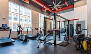 Located in Atlanta, GA, this contemporary fitness center is designed to accommodate a full spectrum of workout needs within a single, open-plan floor. The space is defined by soaring ceilings with exposed red structural beams and ductwork, lending an industrial-modern aesthetic that energizes the environment. Large floor-to-ceiling windows line the perimeter, flooding the interior with natural light and offering views of the surrounding Atlanta skyline and neighborhood.

The cardio zone features a well-curated lineup of treadmills, elliptical machines, rowing machines, and air assault bikes, all positioned to take advantage of the expansive window views. Wall-mounted televisions provide additional entertainment throughout. The rubber-floored functional training area is equipped with a heavy-duty power rack, battle ropes, TRX suspension trainers, a punching bag, and a full selection of free weights and barbells with bumper plates. Bold graphic wall art in red and white adds a dynamic, motivating visual element to the training zone.

Full-length mirrors expand the sense of space and allow for form-checking during lifts. The open layout ensures ample room to move between stations, while the textured accent walls and cohesive black-and-red color scheme create a polished, professional atmosphere suited for serious training.