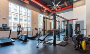 Located in Atlanta, GA, this contemporary fitness center is designed to accommodate a full spectrum of workout needs within a single, open-plan floor. The space is defined by soaring ceilings with exposed red structural beams and ductwork, lending an industrial-modern aesthetic that energizes the environment. Large floor-to-ceiling windows line the perimeter, flooding the interior with natural light and offering views of the surrounding Atlanta skyline and neighborhood.

The cardio zone features a well-curated lineup of treadmills, elliptical machines, rowing machines, and air assault bikes, all positioned to take advantage of the expansive window views. Wall-mounted televisions provide additional entertainment throughout. The rubber-floored functional training area is equipped with a heavy-duty power rack, battle ropes, TRX suspension trainers, a punching bag, and a full selection of free weights and barbells with bumper plates. Bold graphic wall art in red and white adds a dynamic, motivating visual element to the training zone.

Full-length mirrors expand the sense of space and allow for form-checking during lifts. The open layout ensures ample room to move between stations, while the textured accent walls and cohesive black-and-red color scheme create a polished, professional atmosphere suited for serious training.