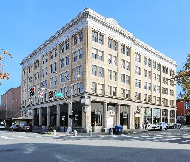 A historic clock adorns the Bellingham National Bank building
