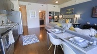 This single-floor studio is designed around an open-concept layout that efficiently combines the living, dining, and sleeping areas into one cohesive space. Rich hardwood flooring runs throughout, anchoring the room with warmth and continuity. A dining area near the center features a sleek rectangular table paired with modern white chairs, offering a defined eating space without visually dividing the room.

The sleeping area is positioned against a striking navy blue accent wall, which serves as a bold focal point. A generously sized upholstered headboard in light gray anchors the bed, complemented by coordinating gray and yellow bedding and flanking table lamps that contribute a warm, layered glow. Adjacent to the sleeping zone, a mirrored closet reflects light and adds depth to the space.

A sliding barn-style or open doorway leads into a bathroom and additional storage area, visible in the background. The kitchen, partially visible near the entry, features stainless steel appliances. A chevron-patterned area rug near the entry adds a subtle decorative element. The overall aesthetic is contemporary and well-coordinated, making efficient use of the available footprint.