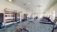Located at 1005 Brentwood Dr in Davenport, FL, this generously sized community fitness center offers a well-rounded workout environment housed within a single open floor. The gym's interior is defined by vaulted ceilings with a distinctive shiplap finish, recessed lighting, and multiple ceiling fans that keep the space comfortable and airy. Soft green walls, white wainscoting panels, and patterned blue-grey carpet tiles contribute to a clean, modern aesthetic throughout.

Natural light pours in through a series of white-framed windows lining the walls, enhancing the bright and inviting atmosphere. The cardio zone is well-equipped with multiple treadmills, elliptical machines, stationary bikes with integrated screens, a StairMaster, and rowing machines. The strength training area features a cable machine system, a full power rack with weights, dumbbell racks, barbells, and a variety of weight benches. A dedicated functional training section includes a heavy punching bag, medicine balls, resistance bands, and kettlebells neatly organized on wall-mounted storage racks. Full-length mirrors along one wall amplify the sense of space and support proper form during workouts. A water fountain station is also available for added convenience.