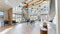 This thoughtfully designed two-floor space offers a generous and versatile environment ideal for collaboration, focused work, and social gathering. The ground floor makes an immediate impression with its dramatic double-height ceilings, exposed wood beam accents, and walls of steel-framed floor-to-ceiling windows that flood the interior with abundant natural light and provide sweeping outdoor views. Light hardwood flooring runs throughout, complementing the airy, modern aesthetic. The open layout accommodates multiple seating configurations, including high-top communal tables, lounge sofas, and casual seating clusters, all anchored by a striking vertical slatted wood installation. Oversized pendant lighting in matte black adds an industrial-modern touch overhead. A sleek metal staircase with cable railings connects to the upper floor, where the atmosphere transitions to a more intimate scale. The second level features plush patterned carpeting and private booth-style seating set against warm wood paneling and bold blue patterned accent walls. Dedicated private work alcoves with built-in desks, textured stone-effect wallcovering, and curated artwork provide focused, quiet workspaces. Exposed beam ceilings and large windows continue throughout the upper level, maintaining visual continuity and connecting both floors through a cohesive, contemporary design language.