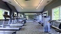 This fitness center is designed to provide a comprehensive workout environment within a single, open-plan floor. The space features vaulted ceilings that lend an airy, expansive feel, while large windows along the walls allow natural light to fill the room, creating an energizing atmosphere for exercise. The walls are finished in a deep slate-gray tone, giving the space a sleek, modern aesthetic.

A row of cardio machines — including treadmills and ellipticals — lines one side of the floor, all oriented toward a full-length wall mirror that enhances the sense of depth and space. The mirrored wall also allows users to monitor their form during workouts. The flooring consists of durable, low-pile carpet tiles in a neutral tone, providing comfort underfoot while remaining practical for a high-traffic fitness environment.

On the strength training side, the space is equipped with cable machines and weight benches, offering a well-rounded selection of resistance equipment. Linear LED lighting runs along the ceiling, ensuring consistent, bright illumination throughout the room. The overall layout is thoughtfully organized to allow for easy movement between equipment, making this fitness center a functional and inviting space for a full range of exercise routines.
