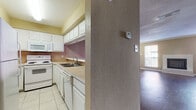 This two-floor residence offers a well-organized layout with functional living spaces spread across both levels. The main living area is a generous, open room highlighted by rich dark wood-look flooring, crisp crown molding, and a classic brick fireplace that serves as a natural focal point. A large window allows natural light to fill the space, adding warmth and brightness throughout. An adjacent open-concept area connects seamlessly to a pass-through kitchen counter, making the flow between living and dining spaces intuitive and practical. The galley-style kitchen is efficiently designed with white cabinetry, tile flooring, a full suite of white appliances including a refrigerator, electric range, microwave, and dishwasher, complemented by a tile backsplash and ample counter space. The upper level includes a well-proportioned bedroom featuring warm wood-look laminate flooring, a ceiling fan, crown molding, and a window with natural light. Two full bathrooms are present in the home, each finished with tile flooring, a tub-shower combination with large-format tile surrounds, and white vanity cabinetry. A dedicated laundry area with washer and dryer hookups adds everyday convenience, rounding out this practical and comfortable multi-level home.