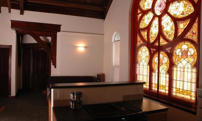 Greystone Kitchen interior w/ Stained Glass - Greystone Church Apartments