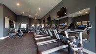 Located at 7125 Sea Breeze Dr W in Sunbury, Ohio, this well-appointed fitness center offers a comprehensive exercise environment designed for functionality and comfort. The single-floor facility features a spacious, open layout finished with durable rubber flooring throughout, providing a safe and supportive surface for all types of workouts.

The main exercise area is lined with a full row of treadmills and elliptical machines, each equipped with individual digital displays for tracking performance. Floor-to-ceiling mirrors run along one wall, enhancing the sense of space and allowing users to monitor their form during workouts. Multiple flat-screen televisions are mounted at eye level, offering entertainment during cardio sessions.

A dedicated free weights section is stocked with a complete dumbbell rack, along with cable and resistance machines for strength training. The vaulted ceiling adds a sense of openness, while recessed lighting and pendant fixtures provide consistent, bright illumination throughout the space.

Large windows and glass-panel doors allow natural light to filter in and provide views into an adjacent lounge or common area, which is visible through stylish black-framed glass partitions. A ceiling fan contributes to air circulation, maintaining a comfortable environment. The overall aesthetic is modern and polished, with dark gray walls and clean white trim creating a professional, motivating atmosphere.