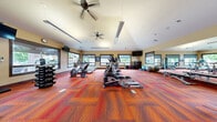 Located at 1600 S Taft Ave in Loveland, Colorado, this fitness centre offers a single, generously sized exercise room designed to support a full range of workout routines. The space features vaulted ceilings with dual ceiling fans and overhead fluorescent lighting, creating a bright, airy atmosphere that encourages active use throughout the day. Warm, golden-toned walls complement the bold, patterned red and orange carpet tiles that cover the floor, giving the room a vibrant and energetic character. Multiple windows along the perimeter flood the space with natural light while offering views of the surrounding outdoor greenery. The exercise room is comprehensively equipped with cardio machines including treadmills, ellipticals, stationary bikes, and spin bikes, as well as a recumbent bike. A dedicated free weights area features a dumbbell rack paired with an adjustable weight bench, and a multi-station cable machine supports strength training. Functional fitness accessories such as stability balls, a BOSU balance trainer, and resistance equipment are neatly organized along the walls. Large wall-mounted mirrors enhance the sense of space and allow users to monitor their form. Wall-mounted flat-screen televisions are positioned for easy viewing from multiple workout stations. Elegant wood-framed glass doors add a refined architectural touch to the overall design.