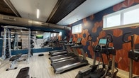 This fitness center delivers a comprehensive workout environment wrapped in a distinctive, design-forward aesthetic. The space is anchored by a bold navy and orange geometric hexagonal accent wall that sets an energetic tone, complemented by exposed dark wood ceiling beams, visible ductwork, and a rustic brick column that lend an industrial character to the interior. Light wood-style flooring runs throughout, keeping the space bright and cohesive.

The cardio area is outfitted with a row of True treadmills and elliptical trainers, all positioned along a full-length mirror wall that enhances the sense of openness. A StairMaster and rowing machine round out the cardio offerings, with a wall-mounted flat-screen TV nearby for entertainment during workouts. Natural light filters in through several windows, adding an airy quality to the space.

The functional training zone is a standout feature, equipped with a TRX suspension training rack, kettlebells, medicine balls, battle ropes, and a heavy tire for high-intensity functional training. A strength training area with a cable machine and adjustable bench provides options for resistance work. The facility also includes restroom facilities accessible directly from the gym floor. Overall, the fitness center balances robust equipment offerings with a polished, motivating atmosphere.