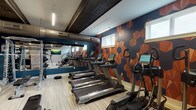 This fitness center delivers a comprehensive workout environment wrapped in a distinctive, design-forward aesthetic. The space is anchored by a bold navy and orange geometric hexagonal accent wall that sets an energetic tone, complemented by exposed dark wood ceiling beams, visible ductwork, and a rustic brick column that lend an industrial character to the interior. Light wood-style flooring runs throughout, keeping the space bright and cohesive.

The cardio area is outfitted with a row of True treadmills and elliptical trainers, all positioned along a full-length mirror wall that enhances the sense of openness. A StairMaster and rowing machine round out the cardio offerings, with a wall-mounted flat-screen TV nearby for entertainment during workouts. Natural light filters in through several windows, adding an airy quality to the space.

The functional training zone is a standout feature, equipped with a TRX suspension training rack, kettlebells, medicine balls, battle ropes, and a heavy tire for high-intensity functional training. A strength training area with a cable machine and adjustable bench provides options for resistance work. The facility also includes restroom facilities accessible directly from the gym floor. Overall, the fitness center balances robust equipment offerings with a polished, motivating atmosphere.