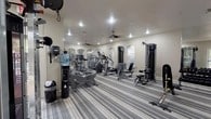 This fitness center offers a thorough range of exercise equipment spread across a single-floor layout designed to accommodate a variety of workout routines. The space is defined by its series of arched windows that line the perimeter walls, allowing natural light to flow in and providing outdoor views of surrounding greenery and common areas. Recessed lighting and ceiling fans are distributed throughout, ensuring the space remains well-lit and comfortable during use.

The cardio section is well-stocked with multiple treadmills, elliptical trainers, and stationary bikes, including Life Fitness branded equipment. A dedicated tuck of treadmills is positioned near a corner alcove of arched windows, offering a pleasant outdoor view during workouts. The strength training area includes cable pulley machines, a functional trainer, a leg press machine, and a rack of dumbbells arranged along a mirrored wall, allowing users to monitor form. A wall-mounted television is also present for entertainment.

The flooring throughout consists of striped, grey-toned carpet, lending a clean and cohesive aesthetic. A water cooler station is conveniently positioned near the entrance. French doors on one side provide direct access to an outdoor area, enhancing ventilation and connectivity to the broader facility.