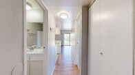 Located at 45278 Deep Canyon Rd in Palm Desert, California, this one-bedroom, one-bathroom unit offers a well-organized, efficiently designed single-floor layout. The living room serves as the heart of the space, featuring warm hardwood flooring, a textured ceiling, and a ceiling fan with light fixture. A full-width sliding glass door opens to a private patio, flooding the room with natural light and offering views of the surrounding palm trees — a fitting nod to the desert surroundings.

The kitchen is positioned adjacent to the living area, separated by a pass-through counter with a breakfast bar overhang. White cabinetry and open shelving above the counter provide functional storage, while the layout allows for easy interaction between the kitchen and living space.

A hallway connects the main living area to the bedroom and bathroom. The bedroom is carpeted for comfort, with a window fitted with vertical blinds that frame views of the palm-lined exterior. A dedicated closet with a hanging rod offers practical storage.

The bathroom features a white vanity with a stone-patterned countertop, an undermount sink, a large mirror, and a shower/tub combination. Neutral tones throughout create a clean, cohesive aesthetic well-suited to the sunny Palm Desert climate.
