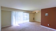 This single-story space features a spacious living area finished with wall-to-wall carpeting in a neutral tone, contributing to a warm and comfortable ambiance. A prominent sliding glass door spans much of one wall, fitted with vertical blinds that allow for adjustable natural light while offering a view of the surrounding greenery outdoors. The generous amount of natural light that filters through creates a bright, airy feel throughout the room. The walls are painted in a soft, neutral beige, complemented by a distinctive terracotta-toned accent wall that adds a subtle visual contrast to the space. A ceiling-mounted light fixture provides overhead illumination, ensuring the room remains well-lit regardless of natural light conditions. A wall-mounted heating or ventilation unit is positioned along the lower portion of one wall, contributing to the room's functional layout. White baseboards frame the perimeter of the room cleanly, adding a crisp finish to the overall aesthetic. The open layout of the living area lends itself well to flexible furniture arrangements, making it a versatile and functional living space.
