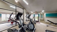 Located at 2020 Armstrong Mill Rd in Lexington, Kentucky, this single-floor fitness center is designed to provide a well-rounded workout experience. The space features soaring vaulted ceilings that lend an open, airy feel throughout, complemented by large windows and glass-panel walls that allow abundant natural light to fill the room while offering views of the surrounding exterior.

The main workout area is equipped with a variety of True-brand cardio machines, including treadmills, elliptical trainers, and stationary bikes, providing options for users of varying fitness preferences. A wall-mounted flat-screen television is positioned above the treadmill section for entertainment during workouts. An adjustable weight bench and a rack of free weights round out the strength training offerings.

A separate, enclosed cycling studio is visible through floor-to-ceiling glass partitions, housing dedicated spin bikes and offering a more focused workout environment. The interior design features bold teal and grey horizontal accent stripes along the walls, adding a modern, energetic aesthetic to the space. Durable, neutral-toned carpet tiles cover the floors throughout. Overhead fluorescent lighting ensures the space remains well-lit. Direct exterior access is provided through a glass entry door, making the facility convenient and easy to reach.