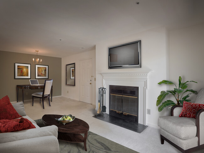 Carpeted living area with fireplace - eaves Fairfax City