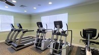 This fitness center offers a dedicated, single-floor space designed to support a well-rounded cardio workout routine. The room is finished with soft green walls accented by crisp white crown molding and clean white baseboards, creating a calm and motivating environment. Recessed lighting in the ceiling provides consistent, even illumination throughout the space, while a large window fitted with white blinds allows natural light to fill the room, enhancing the open feel of the interior. The flooring features a combination of low-pile carpet and protective rubber mats beneath the equipment, offering both comfort and durability. The fitness area is outfitted with professional-grade TRUE brand elliptical cross-trainers and treadmills, providing users with high-quality options for cardiovascular exercise. The machines are thoughtfully arranged to allow ample space between each unit, ensuring a comfortable and safe workout experience. The overall design of the space is practical and well-maintained, with a clean aesthetic that prioritizes functionality. Whether used for a light walk or an intense training session, this fitness center provides the equipment and environment needed to support a consistent and effective exercise routine.